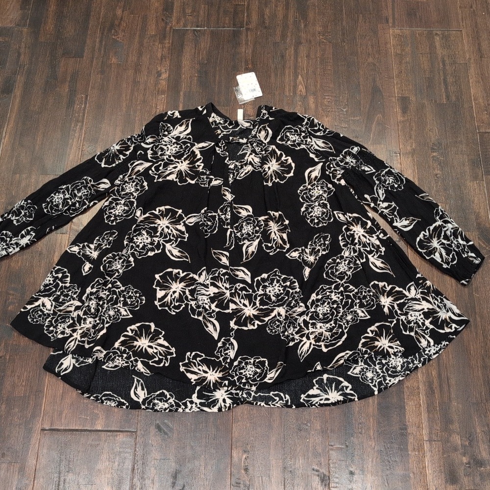 New‎ Free People Floral Foil Print Tunic Dress Women's XS Monochrome Long Sleeve